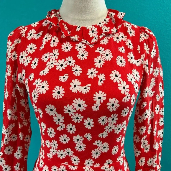 Reformation Red & White Floral Mini Dress Ruffled Cut Out Botanical Size 4 - Picture 4 of 7